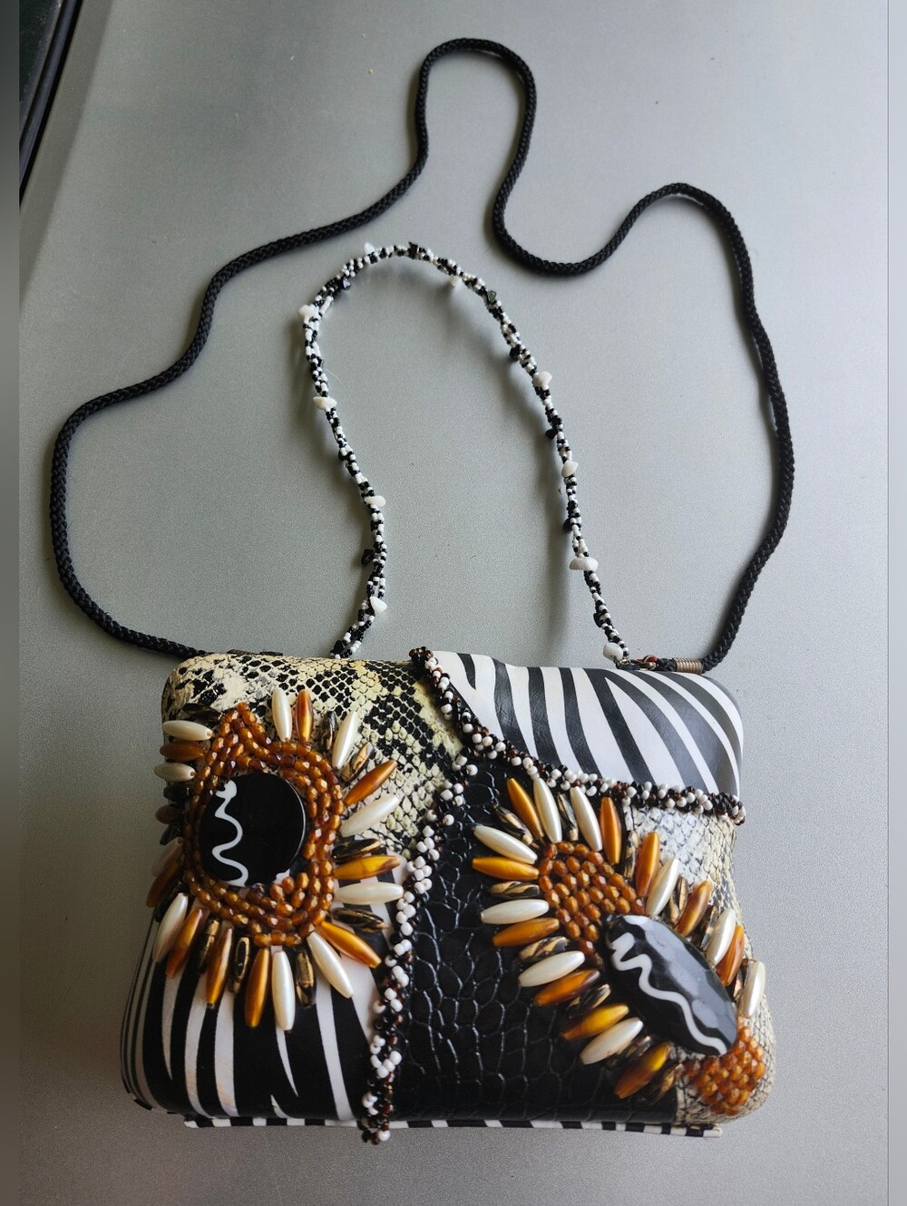 Beaded Floral Accent Bag in Black, White & Brown-PRICED TO SALE